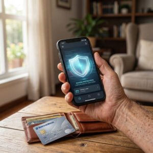 Celular protegido por segurança digital ao lado de uma carteira com cartão de crédito físico, mostrando a evolução da segurança.