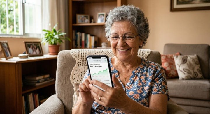 Senhora idosa sorrindo enquanto consulta o limite do cartão de crédito aprovado pelo aplicativo do banco no celular.