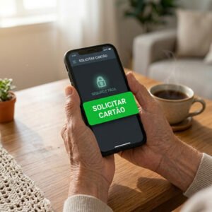Mãos de um idoso segurando o celular com a tela do aplicativo do banco pronta para solicitar o cartão de crédito.