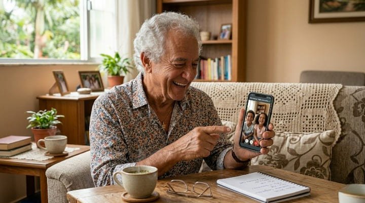 Idoso sorridente interagindo com tecnologia em casa, demonstrando os benefícios do tratamento para perda de memória e melhora da atenção através da audição.