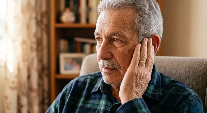 Idoso com mão no ouvido representando zumbido pulsátil que exige avaliação médica urgente por causa vascular
