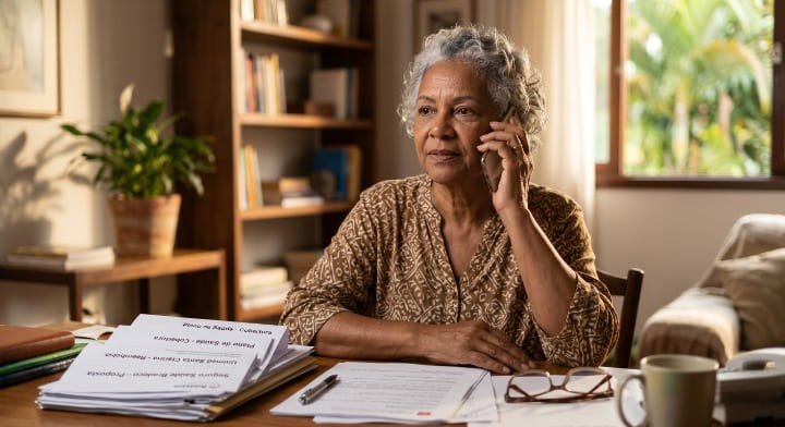 Idosa solicitando cobertura de aparelho auditivo pelo convênio por telefone com documentos da ANS na mesa