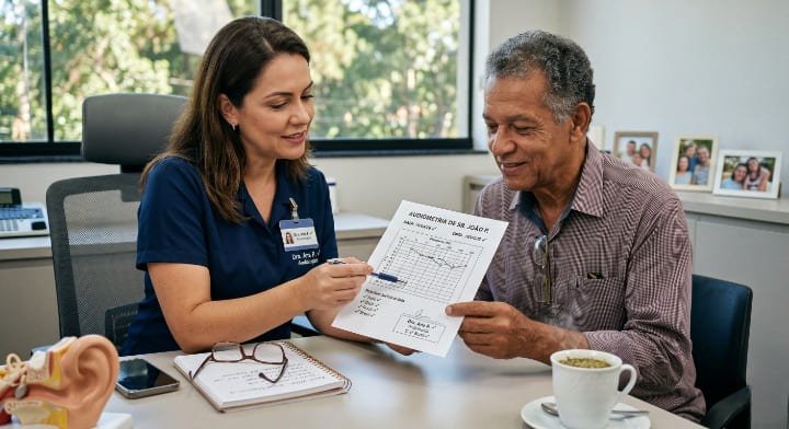 Fonoaudióloga entregando resultado de audiometria para paciente idoso documentar solicitação de aparelho auditivo pelo convênio