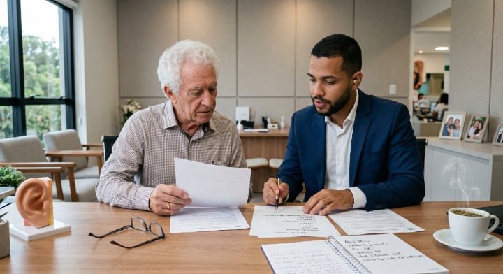 Idoso consultando advogado sobre negativa de cobertura de aparelho auditivo pelo plano de saúde