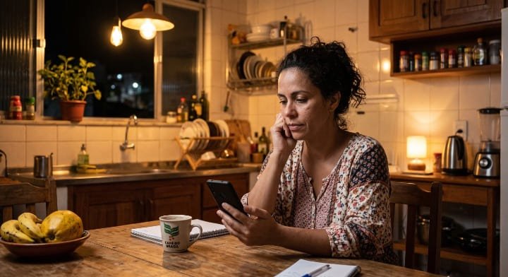 Mulher pensando em como agendar mensagens no WhatsApp pelo celular à noite
