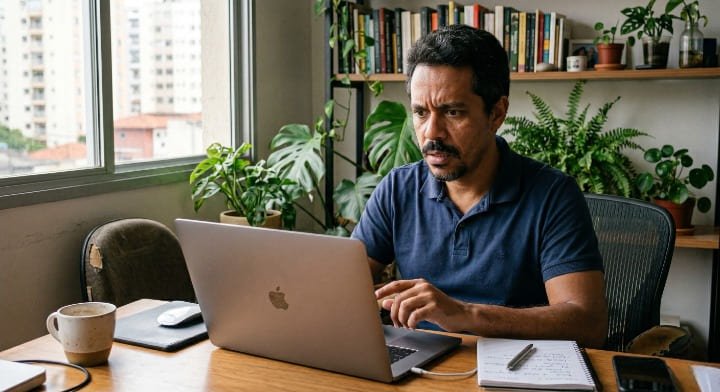 Homem analisando alerta de segurança no notebook, pensando se antivírus pago vale a pena