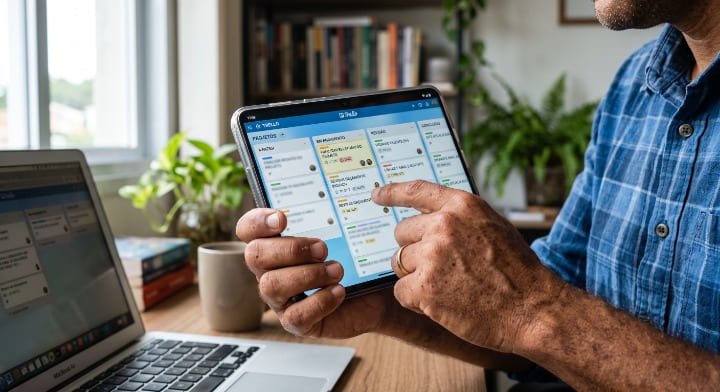 Mãos segurando celular com app de gerenciamento de tarefas estilo kanban aberto na tela