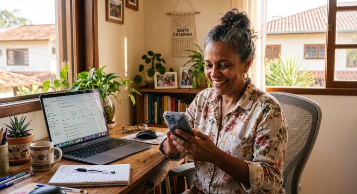 Mulher usando app gratuito de produtividade no celular integrado ao computador no home office