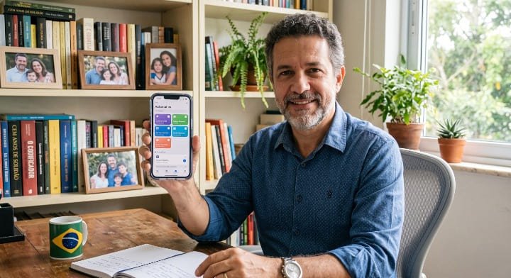 Homem configurando automação no app Atalhos do iPhone para programar mensagem no WhatsApp