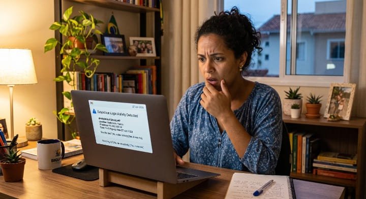 Mulher preocupada verificando atividade suspeita de login em conta digital, sinal de celular espionado