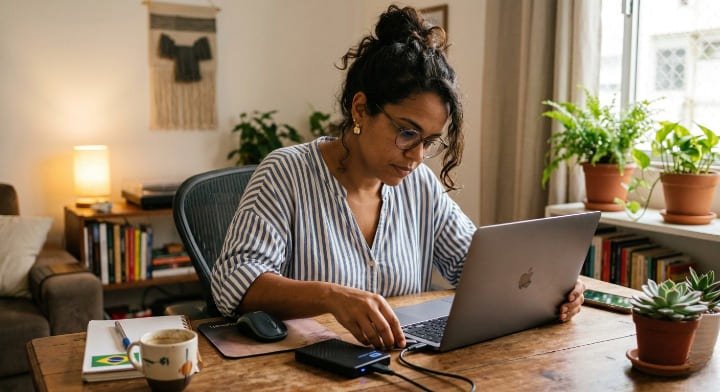 Mulher conectando HD externo ao notebook para ativar o Histórico de Arquivos do Windows e evitar perder arquivos apagados