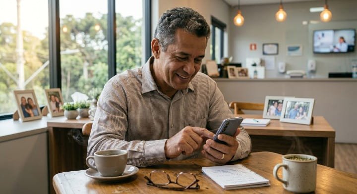 Homem acessando banco pelo celular em cafeteria com Wi-Fi público, risco que a VPN ajuda a evitar