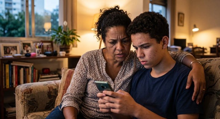 Mãe e filho olhando para o celular preocupados com sites perigosos, situação que o bloqueio de sites ajuda a evitar