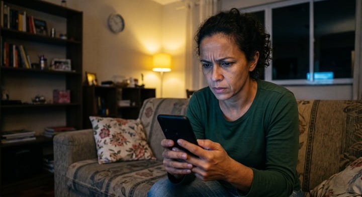 Mulher com expressão preocupada olhando para o celular, suspeitando que o aparelho pode estar sendo espionado