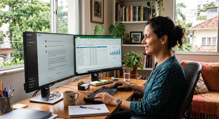 Mulher usando ChatGPT no computador para criar planilhas no Excel com fórmulas prontas