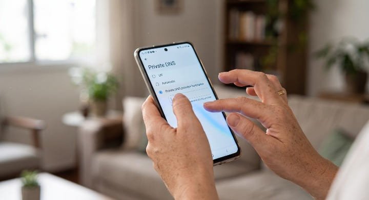 Mãos configurando DNS seguro nas configurações do Android para bloquear sites perigosos