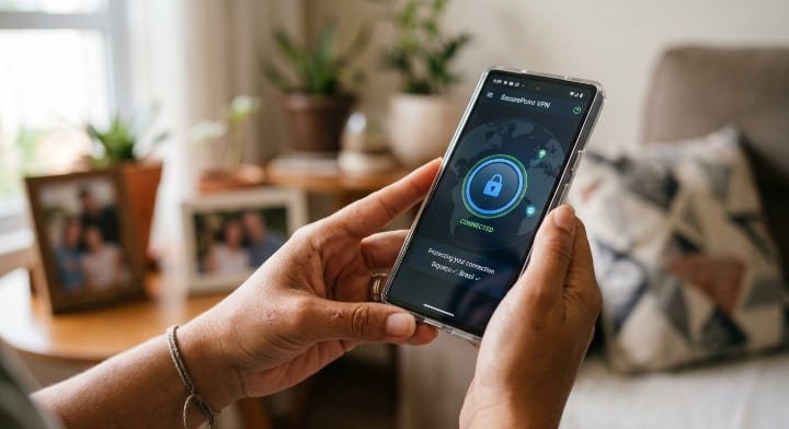 Mão segurando celular Android com aplicativo de VPN aberto pronto para conectar