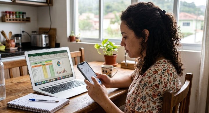 Mulher digitando comando no ChatGPT pelo celular para gerar fórmula de planilha Excel