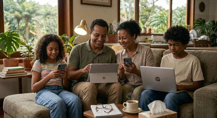 Família brasileira usando vários dispositivos protegidos pelo mesmo plano de antivírus pago