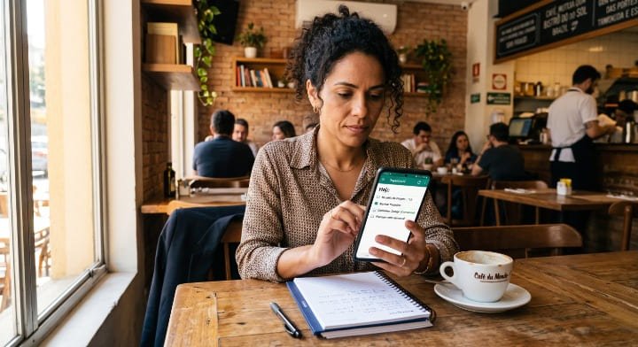 Mulher profissional usando app gratuito de produtividade no celular em cafeteria