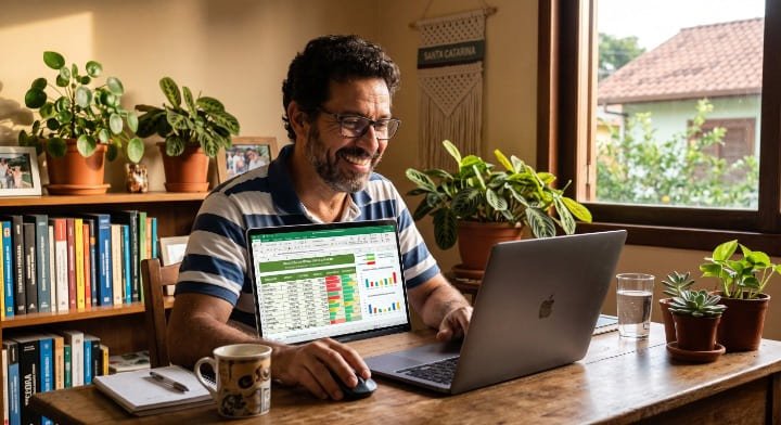 Homem satisfeito olhando planilha Excel organizada criada com ajuda do ChatGPT