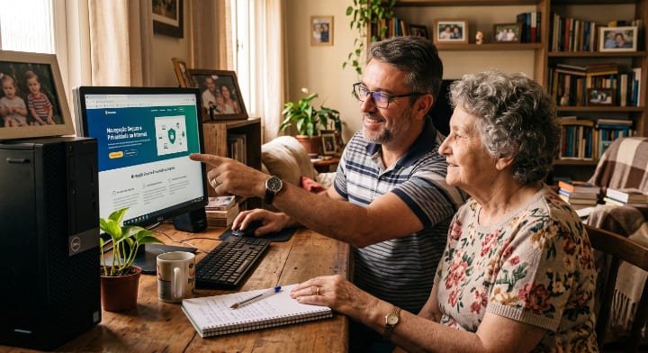 Filho ensinando mãe idosa a usar internet com segurança após configurar bloqueio de sites perigosos no PC