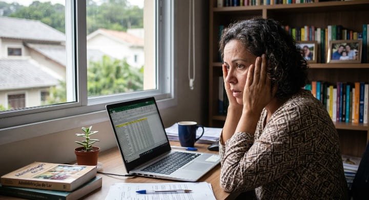 Mulher preocupada olhando para o notebook depois de apagar arquivo importante no Windows sem querer