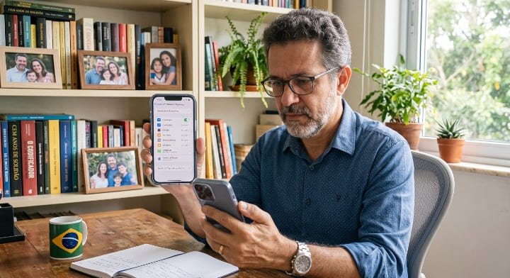 Homem verificando permissões de apps no iPhone para identificar se o celular está sendo espionado