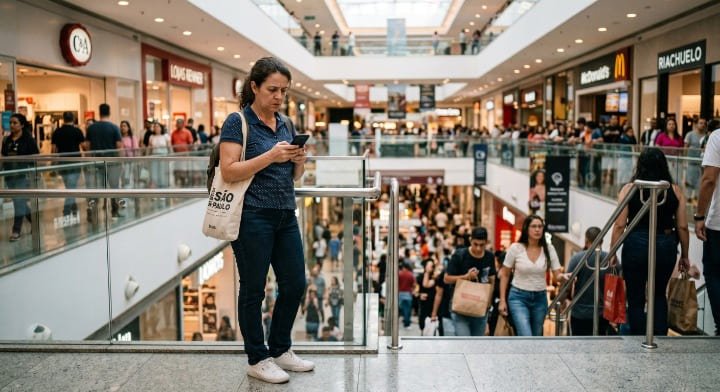 Mulher usando celular em shopping conectada a Wi-Fi público, situação em que a VPN no celular é essencial