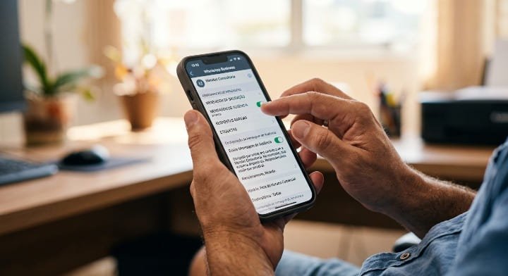Mãos configurando mensagem automática no WhatsApp Business para agendar respostas